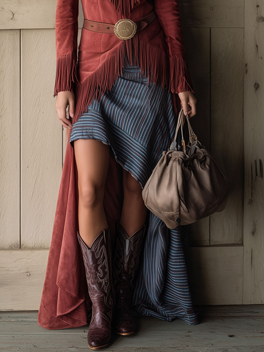 Casual Retro Fake Two-Piece Striped Brick Red Suede Tassel Maxi Dress