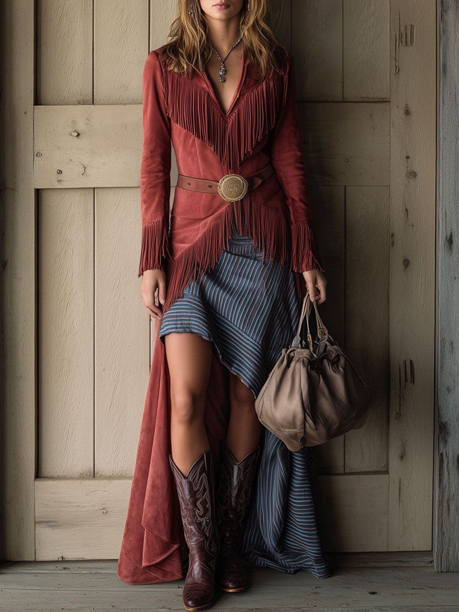 Casual Retro Fake Two-Piece Striped Brick Red Suede Tassel Maxi Dress