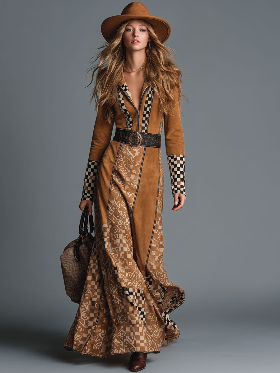 Casual Retro Geometric Camel Faux Suede Half-Zip Maxi Dress