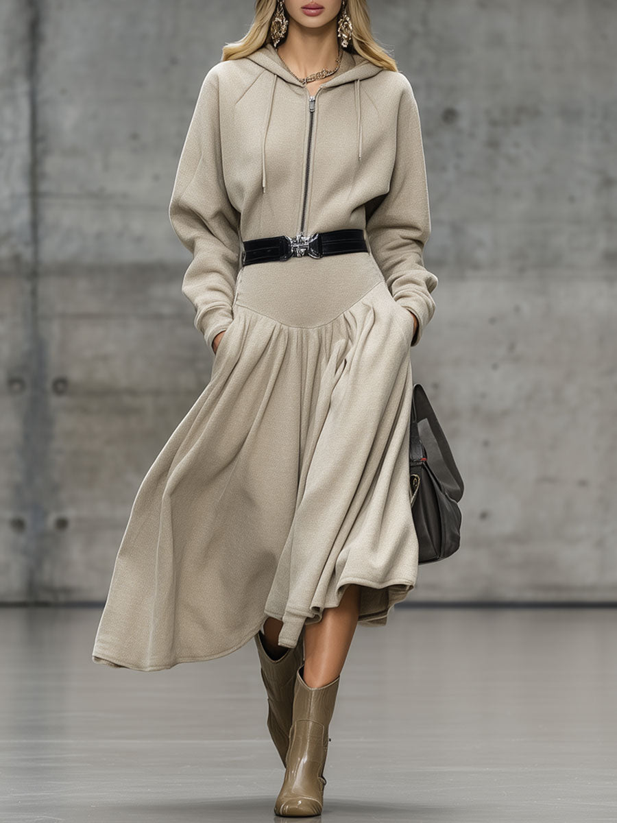 Casual Loose Light Khaki Hooded Zipper Midi Dress