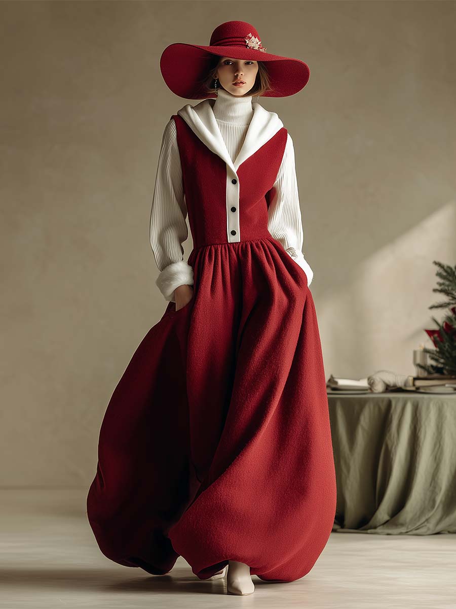 Christmas Limited Edition Retro Hooded V-neck Front Button Red Wool Vest Style Bubble Hem Maxi Dress