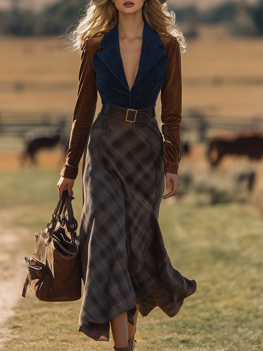 Chic Western Contrast Faux Suede Plaid Belted Maxi Dress