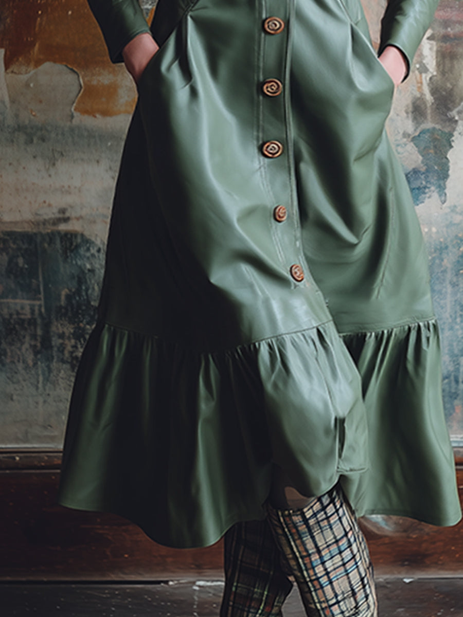 Fashionable Urban Lapel Sage Green Pocket Faux Leather Maxi Dress