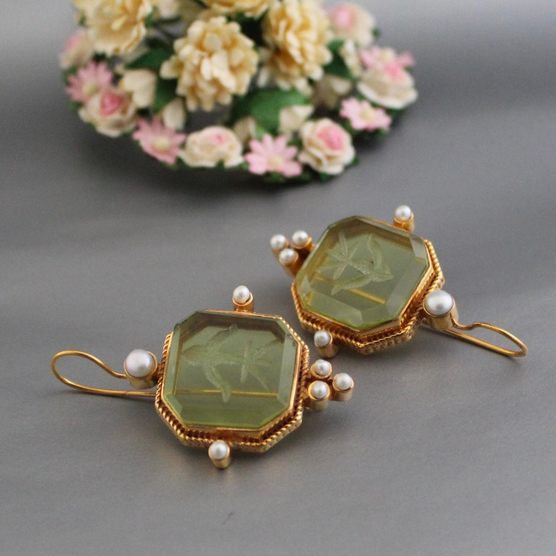 Elegant Vintage Earrings with Green Accents and Pearl Decoration