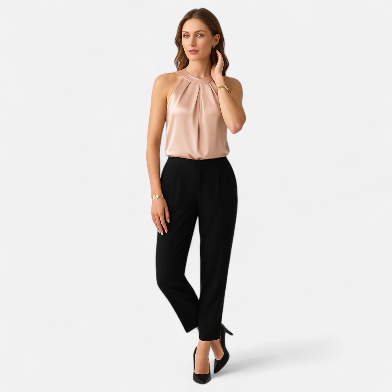 Dorevelle | Elegant Satin Blouse for Women – Pleated Halter Design