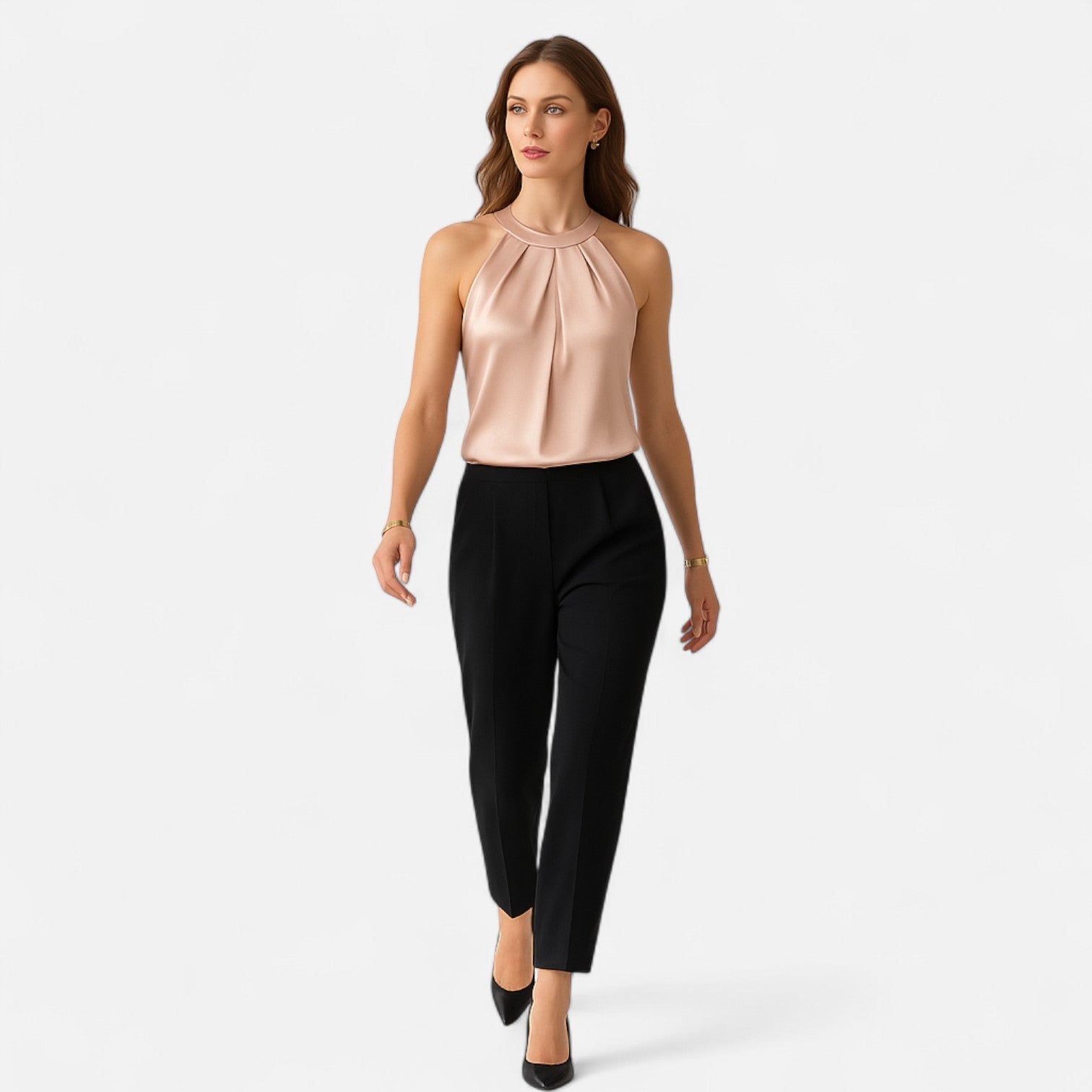 Dorevelle | Elegant Satin Blouse for Women – Pleated Halter Design