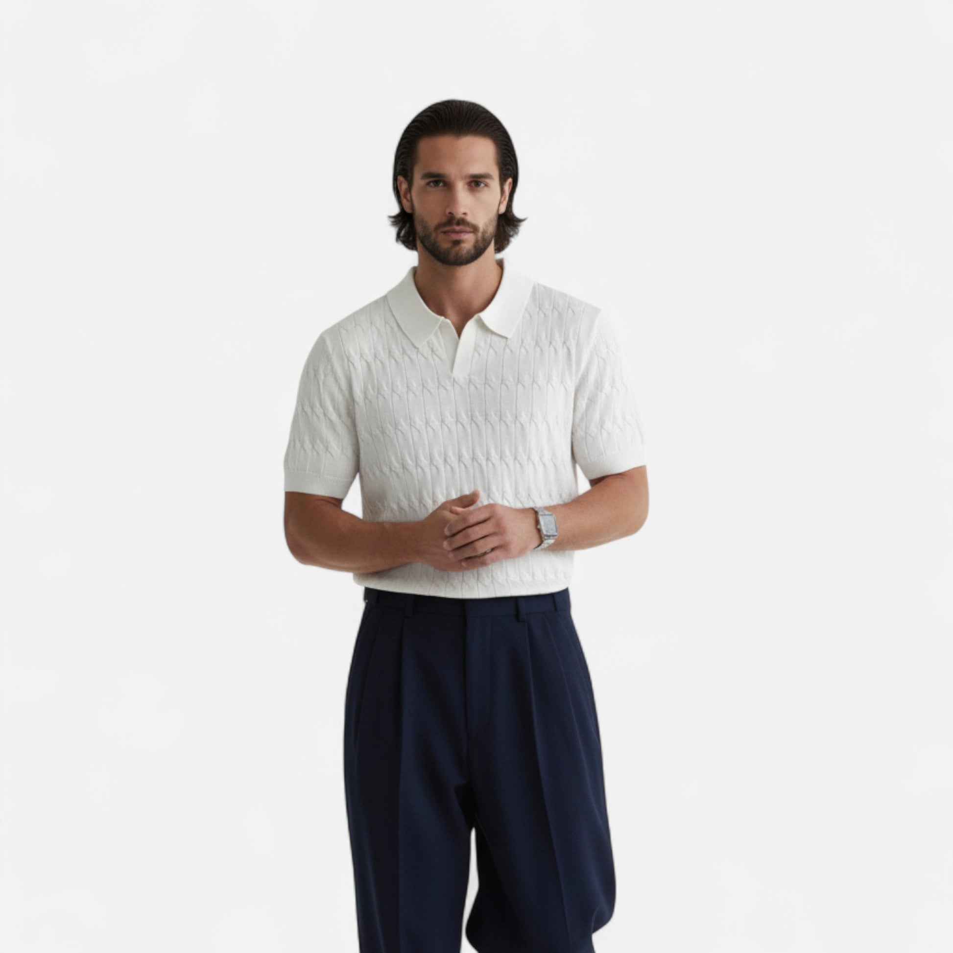 Dorevelle | Herren Strick-Polohemd mit Jacquard-V-Ausschnitt – Elegante Vielseitigkeit