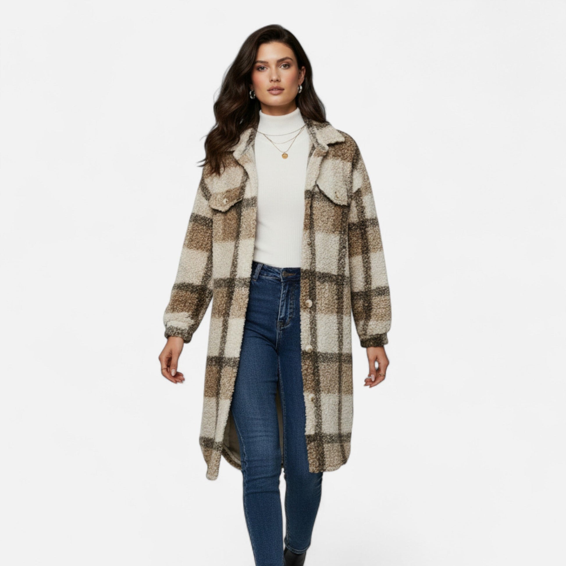 Dorevelle Women's Cozy Plaid Fuzzy Jacket with Button-Front Longline Style