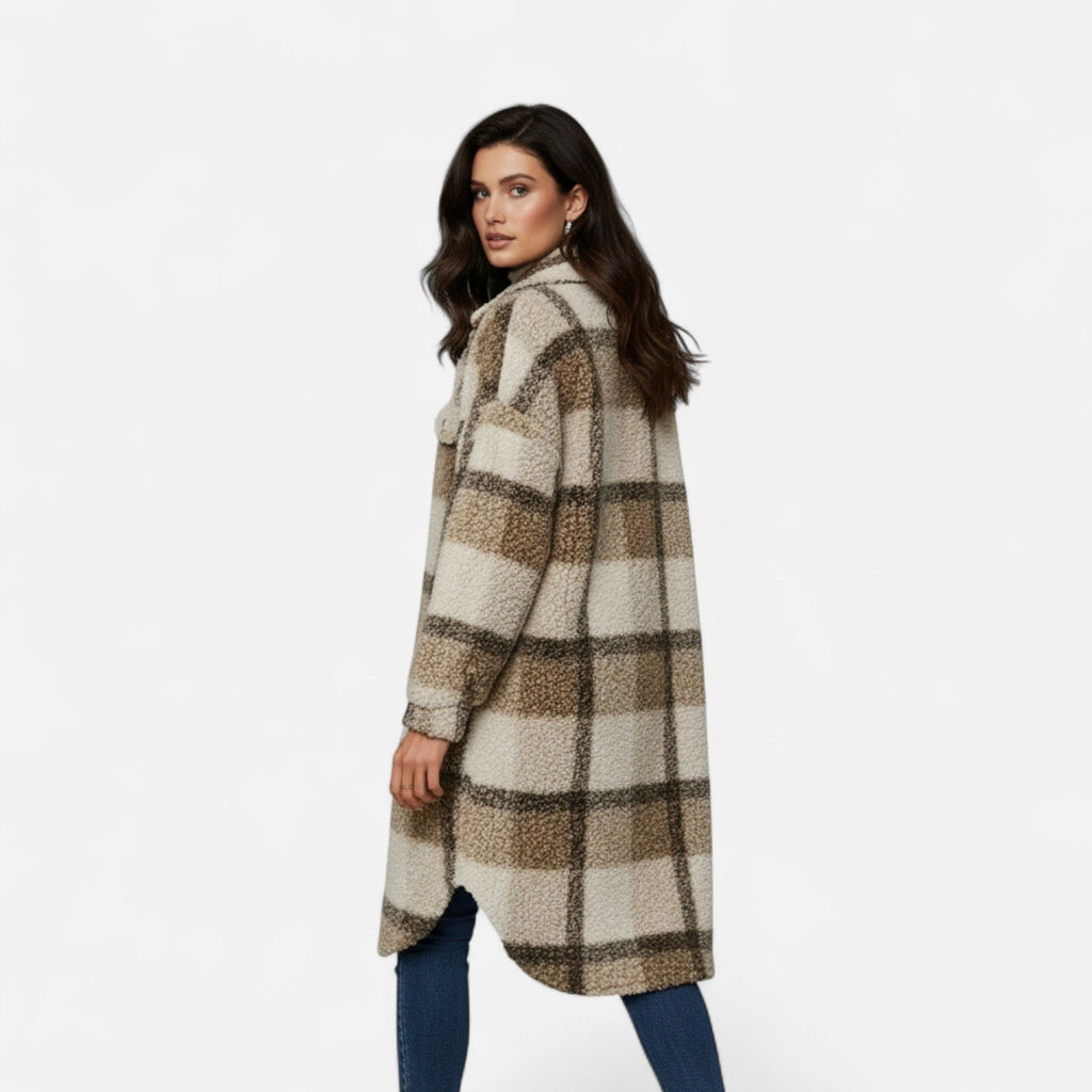 Dorevelle Women's Cozy Plaid Fuzzy Jacket with Button-Front Longline Style