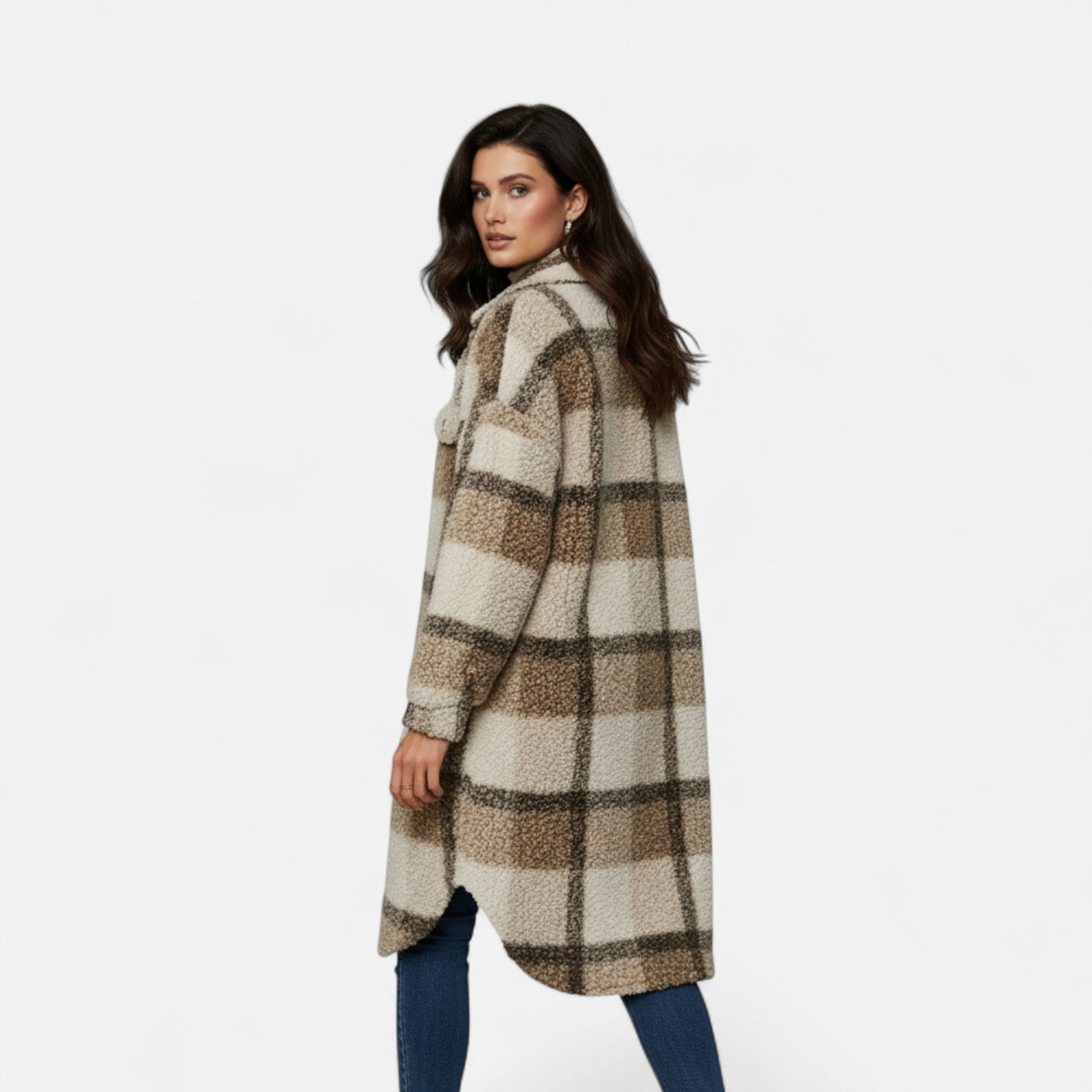 Dorevelle Women's Cozy Plaid Fuzzy Jacket with Button-Front Longline Style