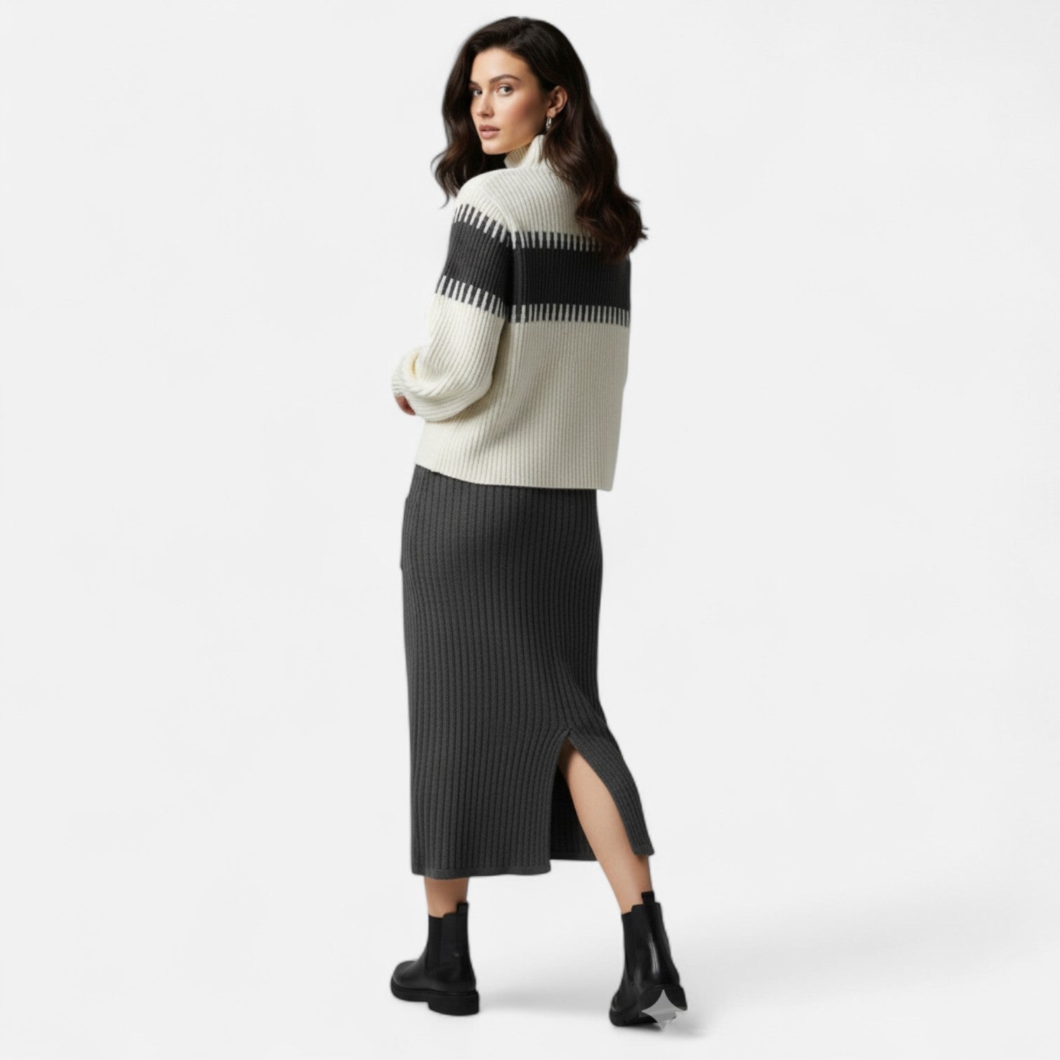 Dorevelle | Ensemble en Maille pour Femmes – Pullover à Col Haut et Jupe Mi-Longue Élégante