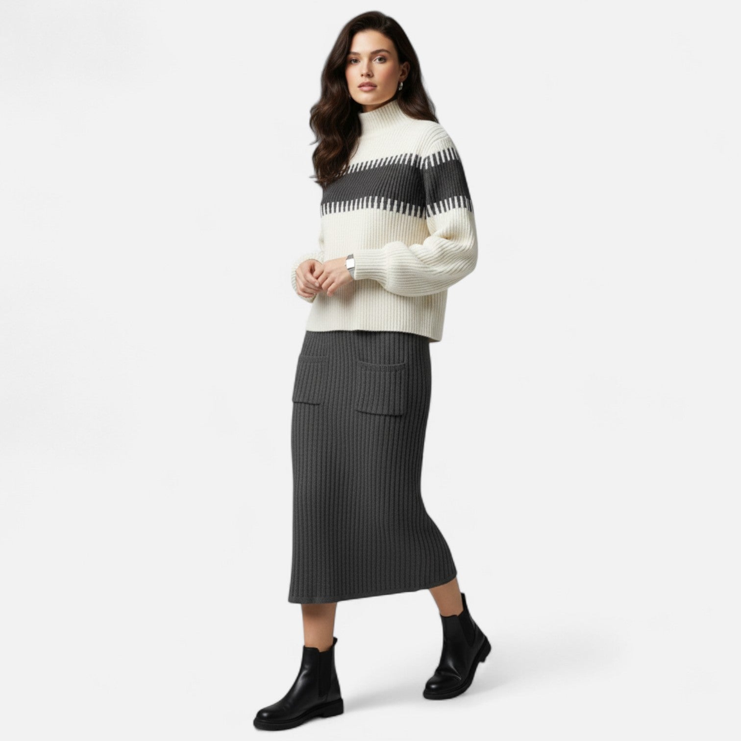 Dorevelle | Ensemble en Maille pour Femmes – Pullover à Col Haut et Jupe Mi-Longue Élégante