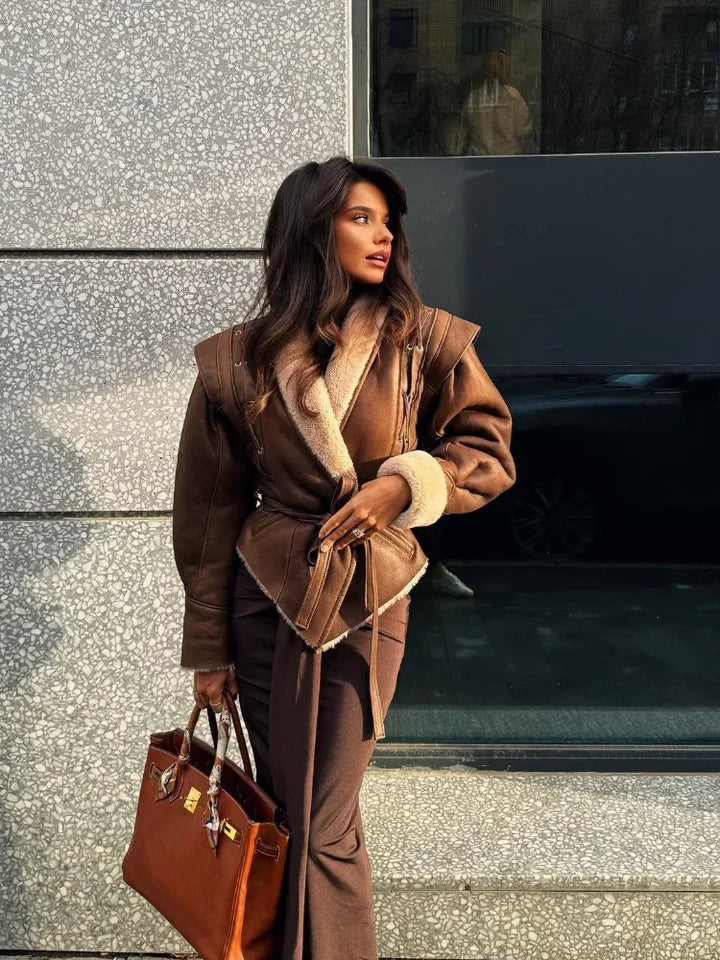 Sophiane - Elegant Brown Leather Jacket with Fur Trim and Stylish Belt
