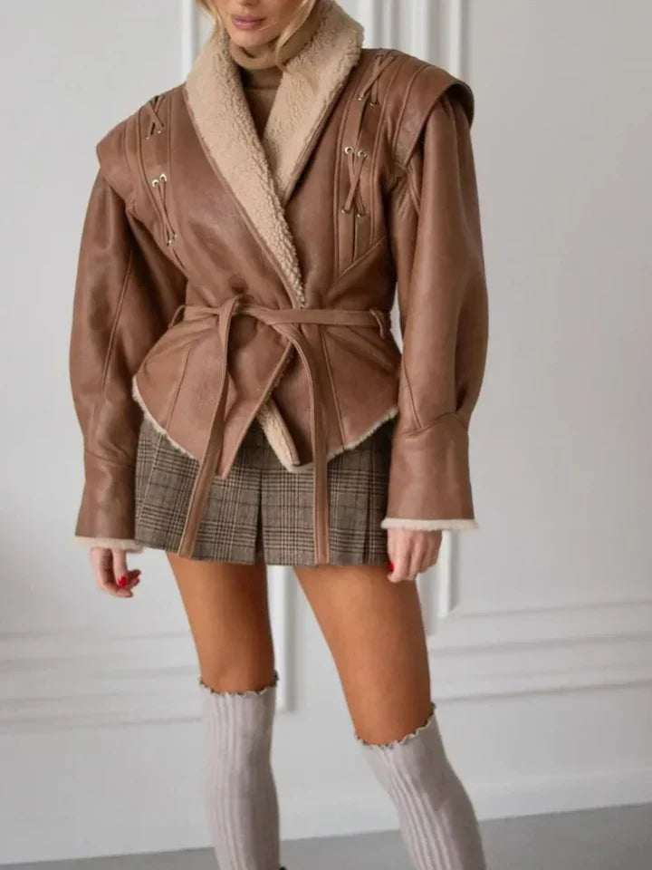 Sophiane - Elegant Brown Leather Jacket with Fur Trim and Stylish Belt