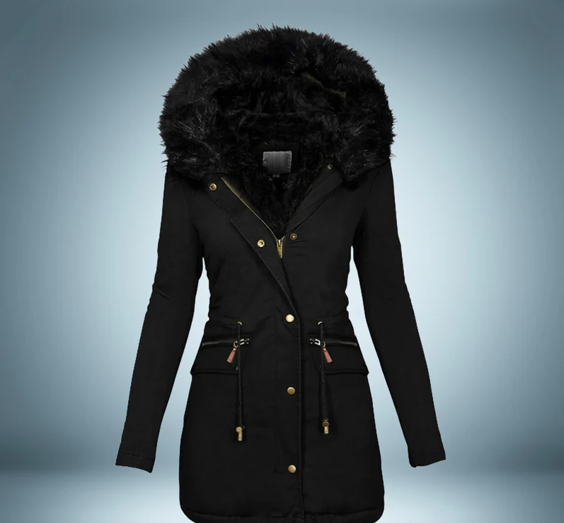 Elegant Black Parka with Luxurious Fur Collar