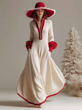 Christmas Limited Edition Lapel Front Zipper With Red Trim Cream Knit Maxi Dress