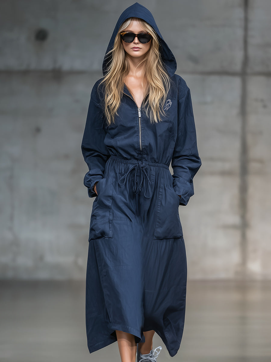 Casual And Fashionable Navy Blue Half-zip Hooded Midi Dress