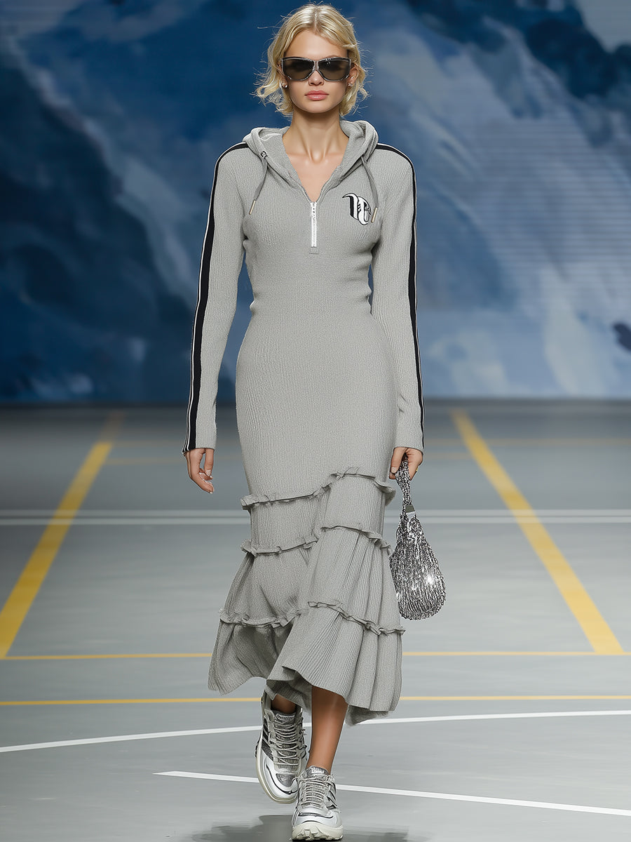 Casual Sports Black Trim Gray Ruffle Hooded Maxi Dress