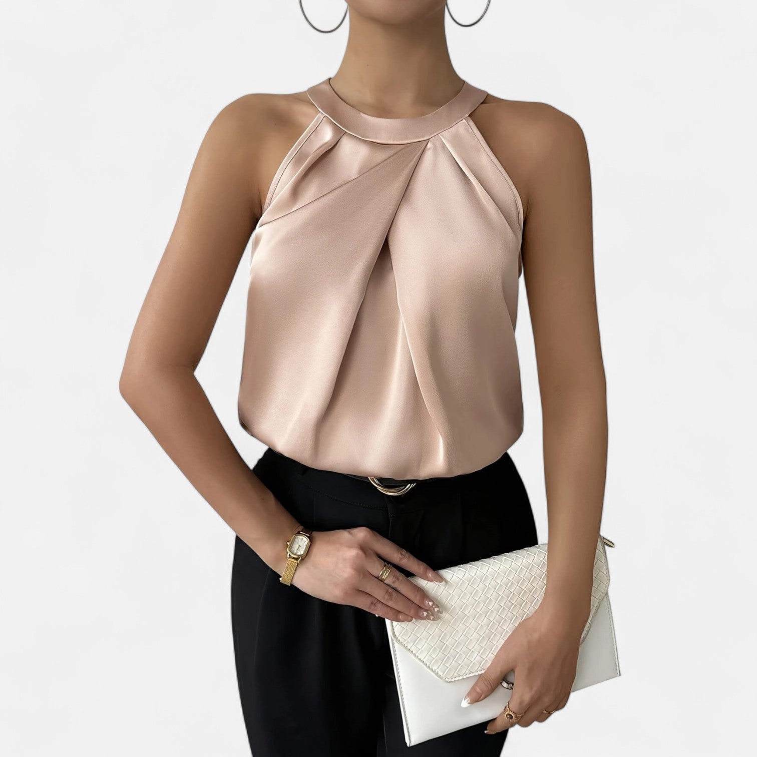 Dorevelle | Elegant Satin Blouse for Women – Pleated Halter Design