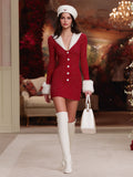 Christmas Red Silver Button Stitching Fur Miid Sweater Dress