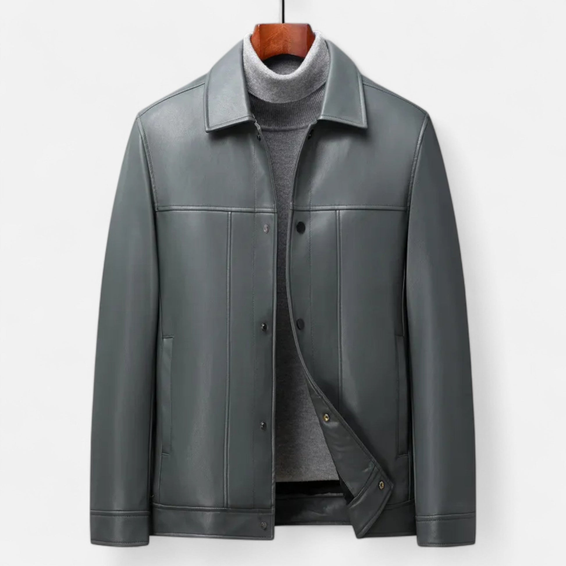 Dorevelle | Men’s Polo Leather Coat – Classic Straight-Hem Design