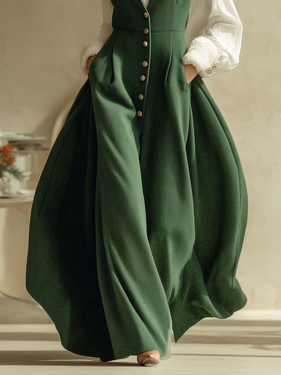 Christmas Limited Edition Vintage V-neck Front Button Green Woolen Vest Maxi Dress