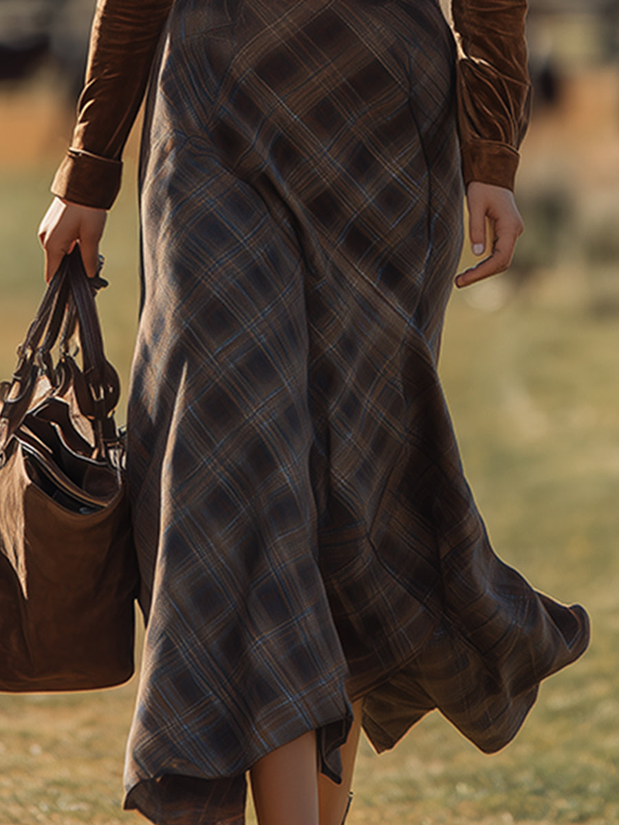 Chic Western Contrast Faux Suede Plaid Belted Maxi Dress