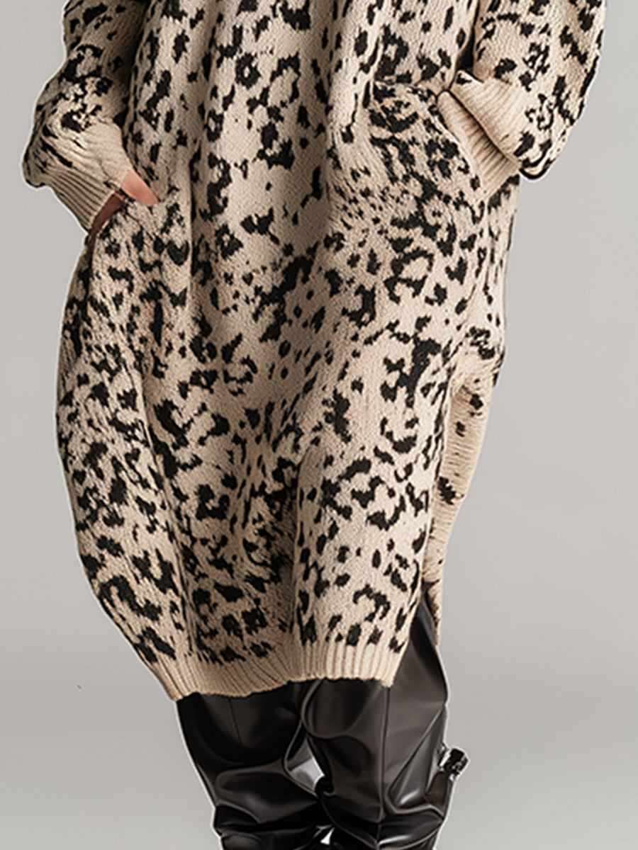 Fashionable Silhouette High-neck Beige Leopard Print Knitted Midi Dress