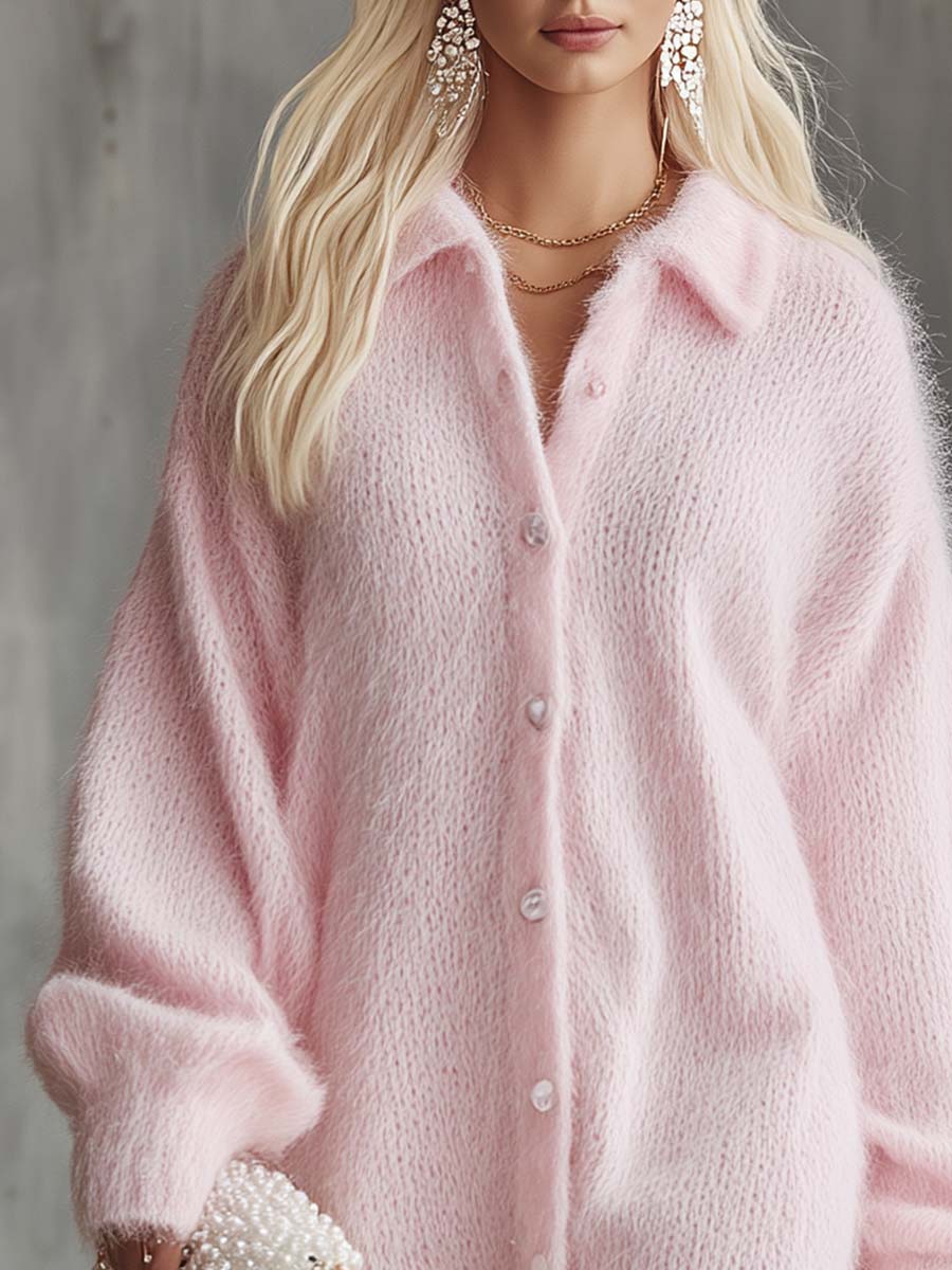 Fashionable And Comfortable Exquisite Pink Imitation Rabbit Fur Knitted Shirt-style Mini Dress