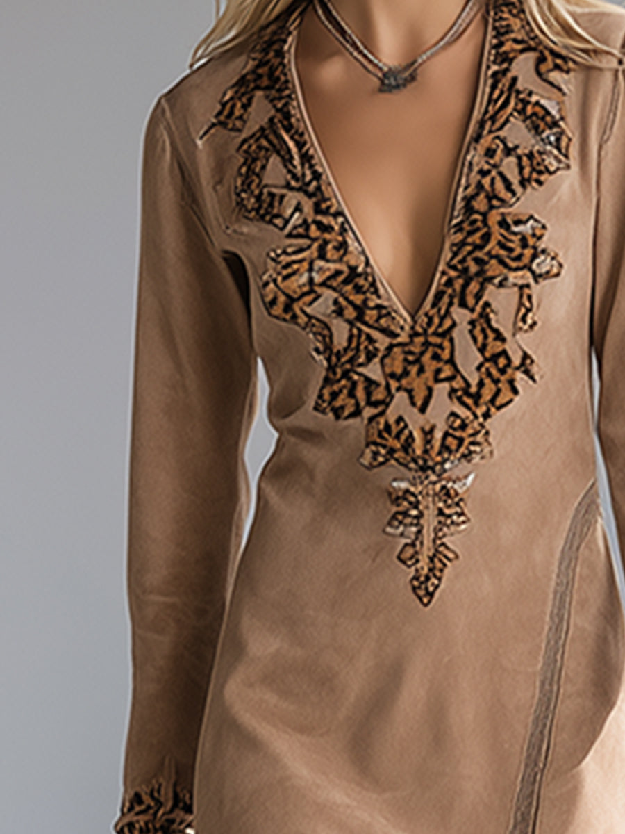 Retro Fashion Western Leopard Embroidery Trim Khaki Faux Suede Tassel Maxi Dress