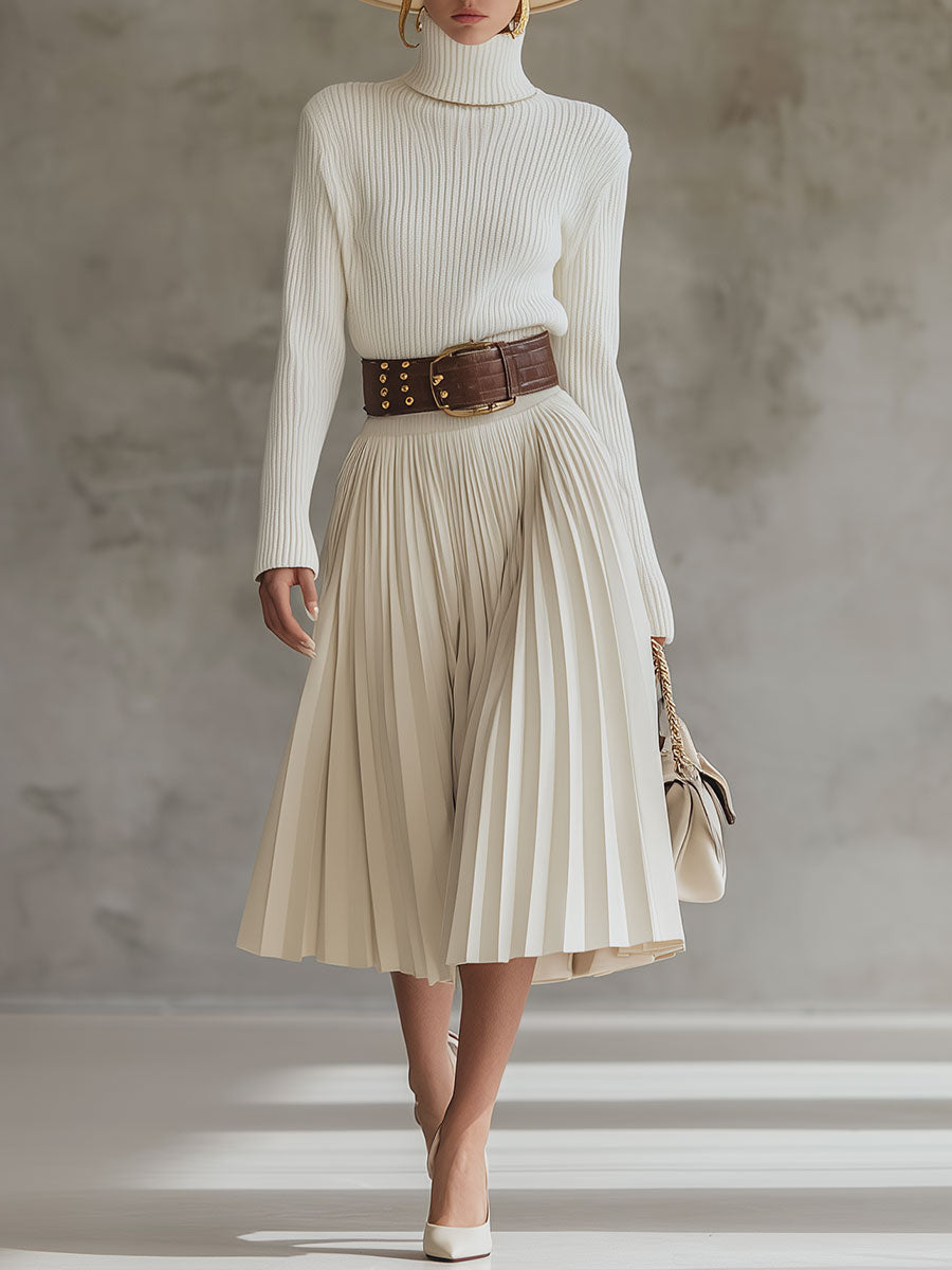 Casual And Comfortable Cream White Knitted Cotton Pleated Hem Midi Dress