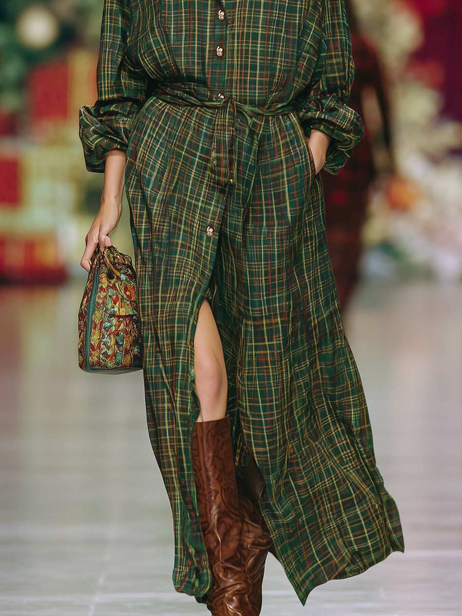 Casual Retro Button Plaid Maxi Dress