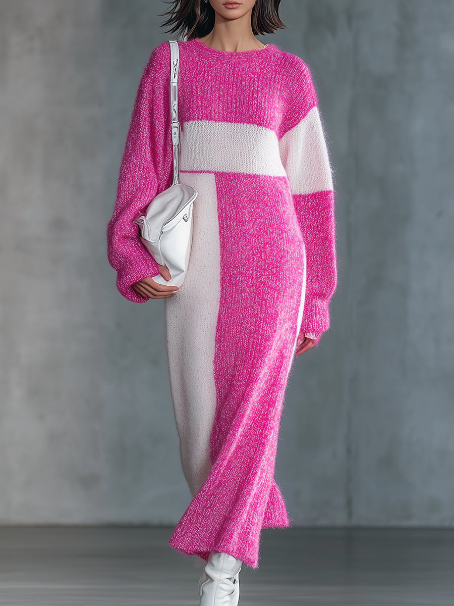 Dark Pink And White Knit Crew Neck Maxi Dress
