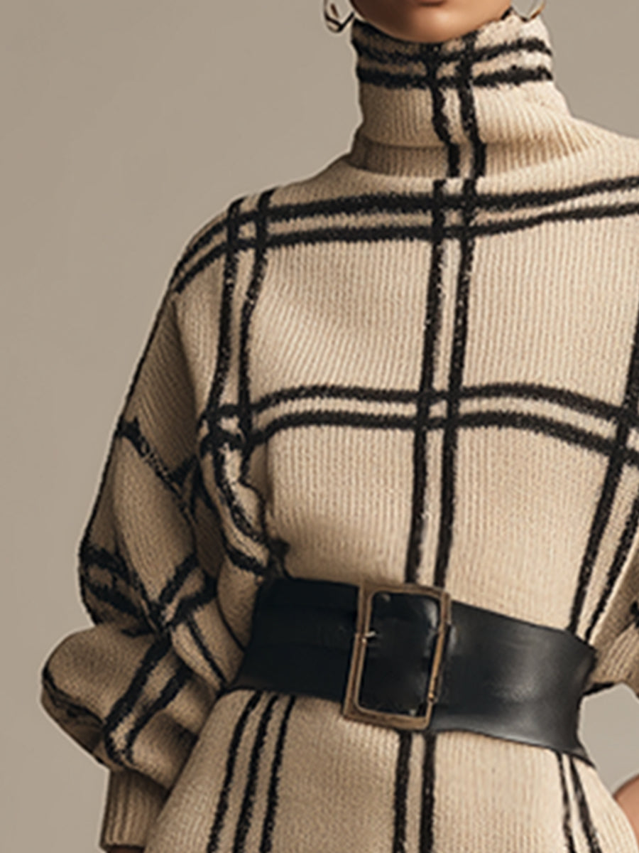 Classic And Elegant Apricot Plaid High-neck Knitted Midi Dress