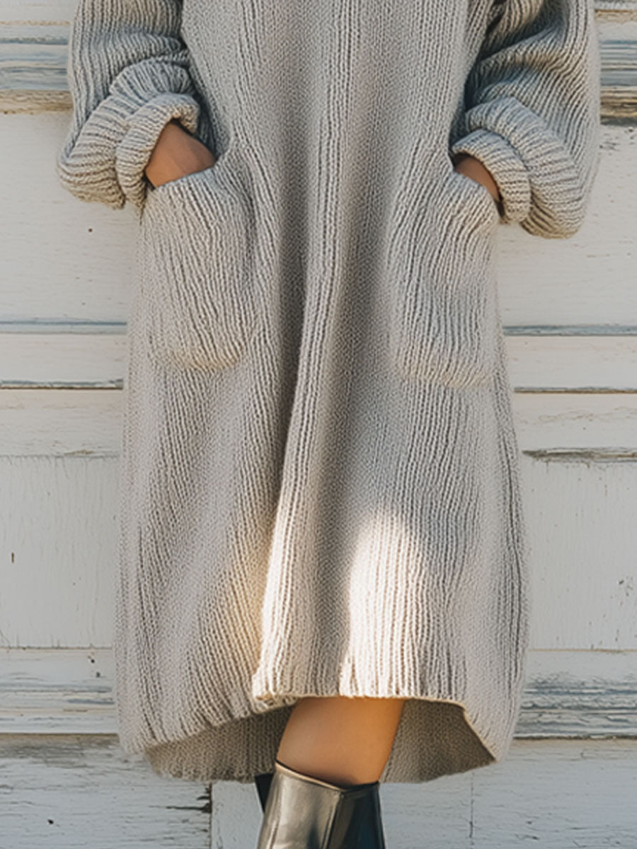 Casual Vintage Gray Turtleneck Knit Midi Dress