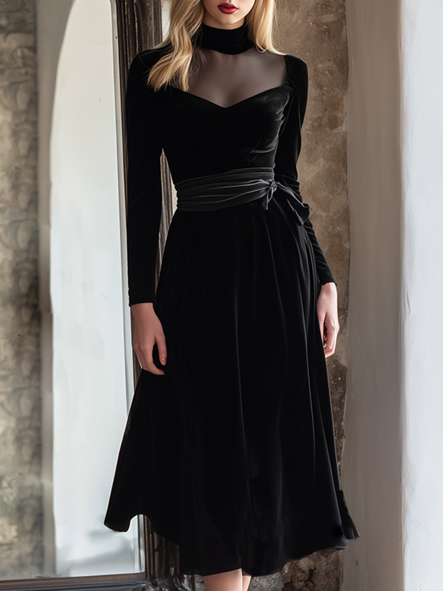 Elegant And Classic Mesh Collar Black Velvet Maxi Dress
