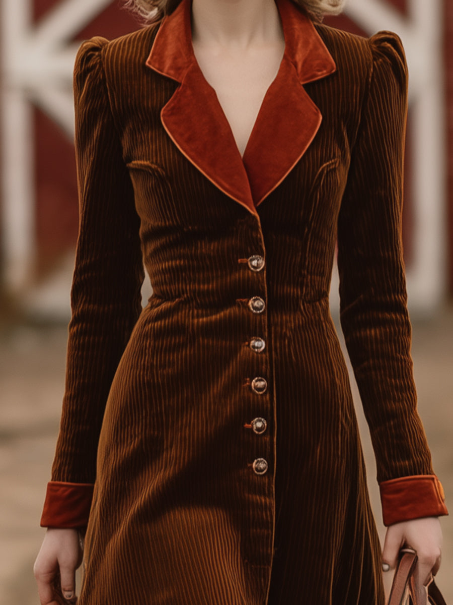 Brown Corduroy Splicing With Red Buttons Irregular Skirt Midi Dress