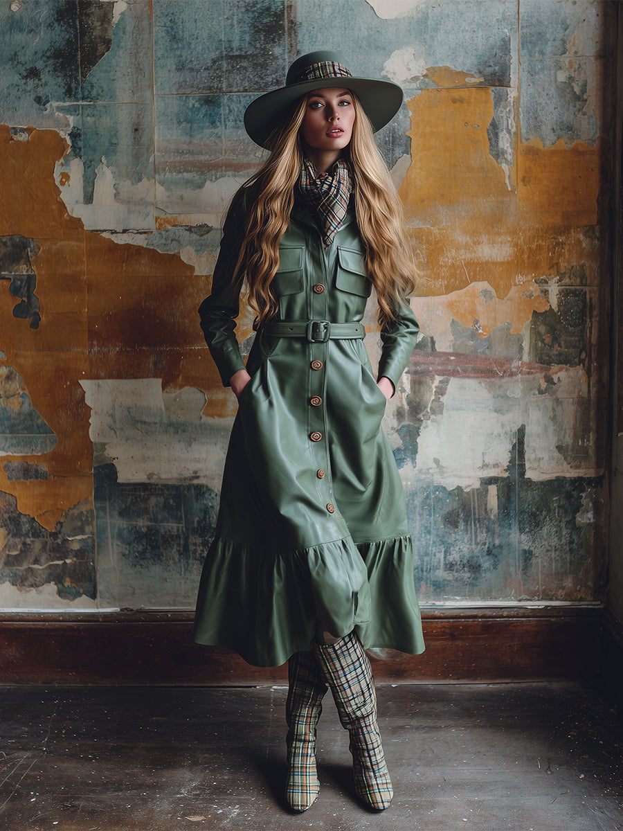 Fashionable Urban Lapel Sage Green Pocket Faux Leather Maxi Dress