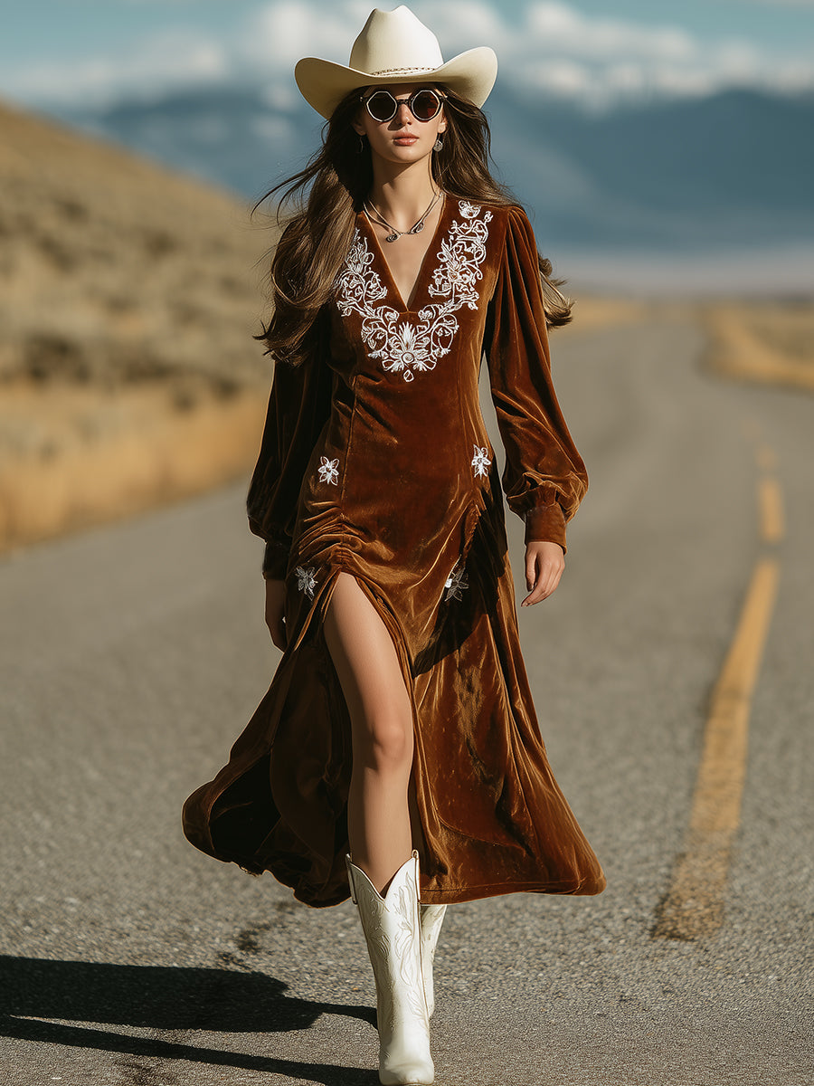 Casual Vintage Embroidered Brown Velvet Slit Midi Dress