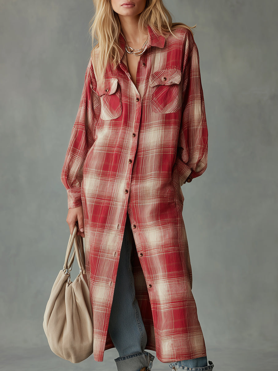 Casual Retro Red And Beige Plaid Shirt Maxi Dress