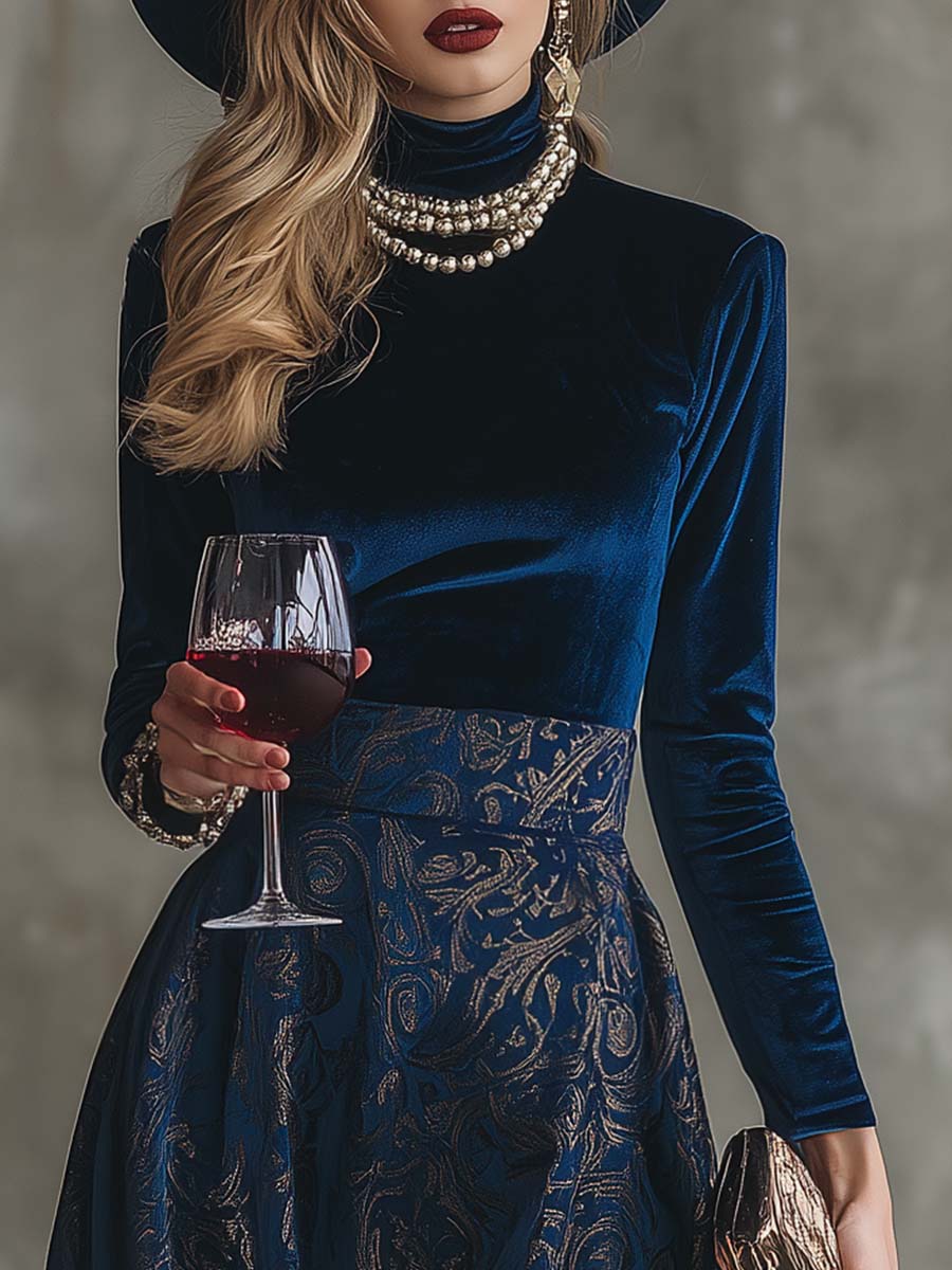 Elegant Retro High-neck Royal Blue Velvet Printed Midi Dress