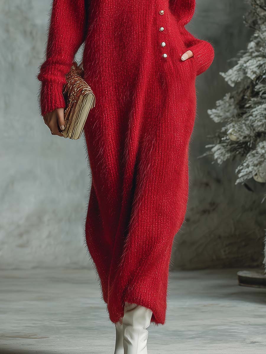 Vintage Exquisite And Comfortable High Collar Button Decoration Red Imitation Rabbit Fur Knitted Maxi Dress