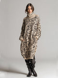 Fashionable Silhouette High-neck Beige Leopard Print Knitted Midi Dress