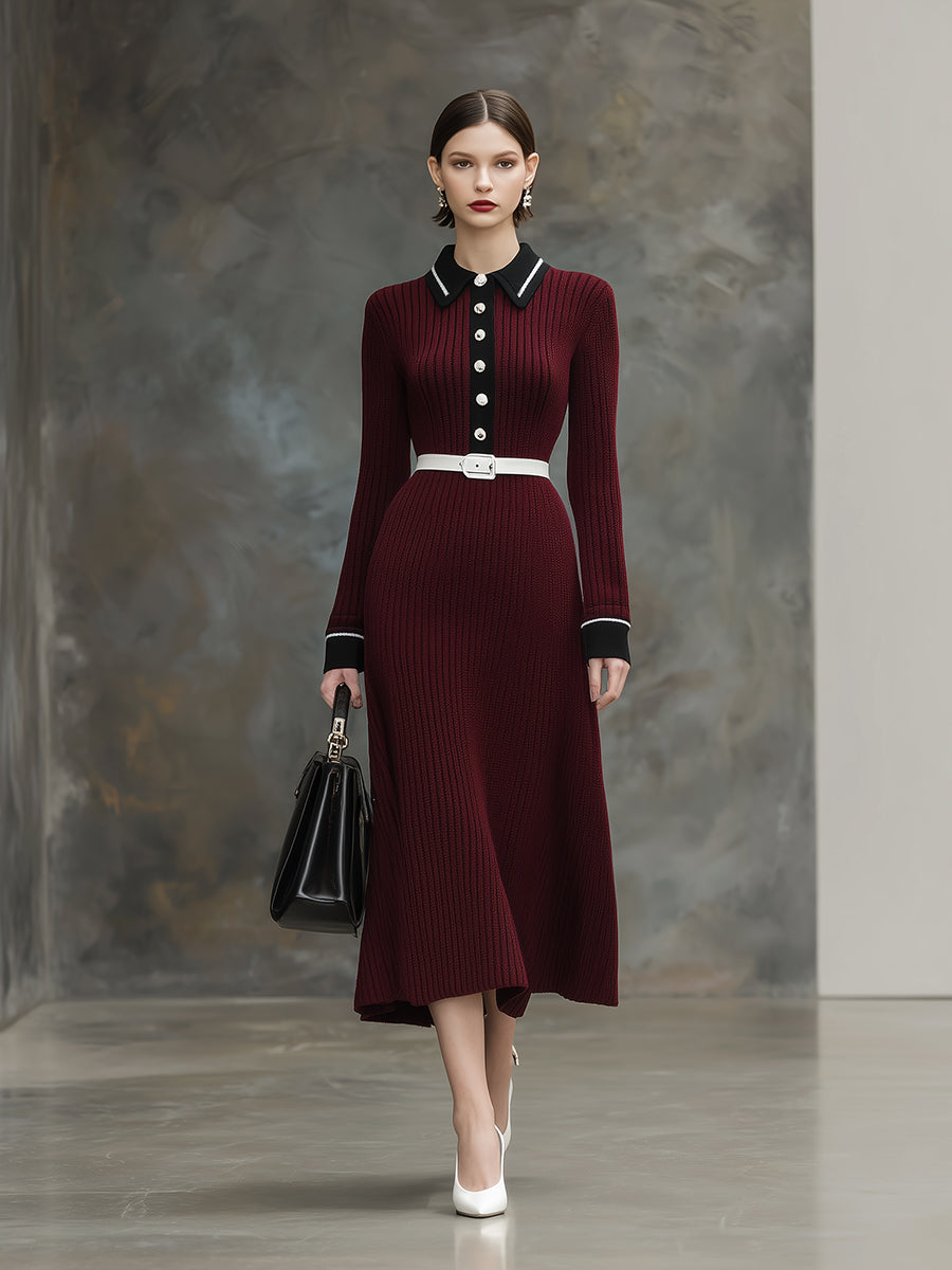 Angora Red Knitted Black Contrast Maxi Dress