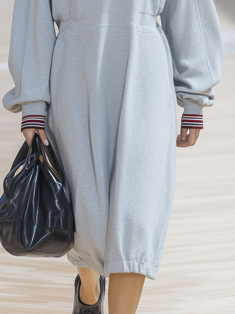 Casual Sports Light Gray Long-Sleeved V-Neck Striped Bud Midi Dress