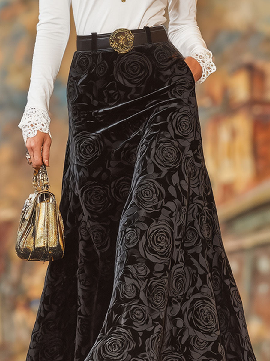 Black Rose Print A-line Velvet Skirt