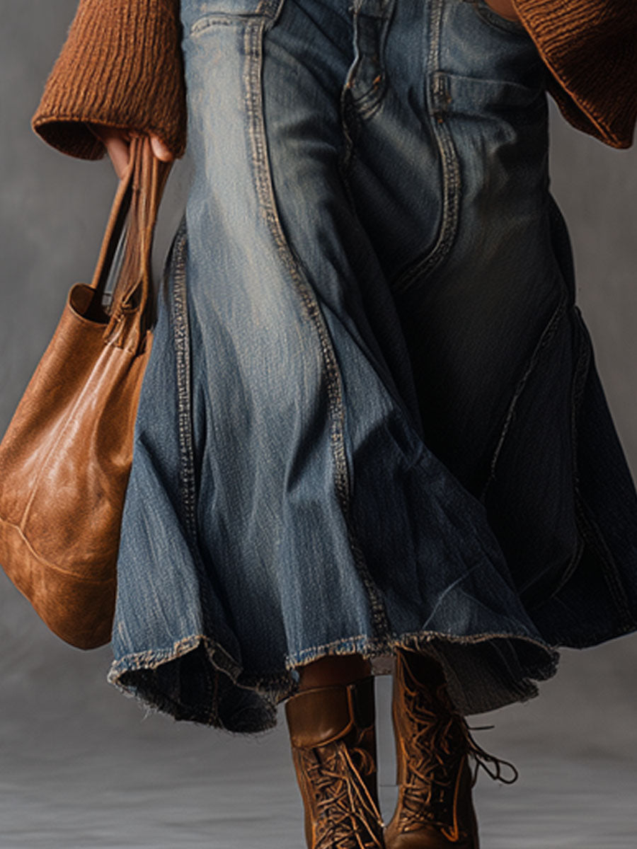 Casual Retro Raw Edge Gray-blue Denim Skirt
