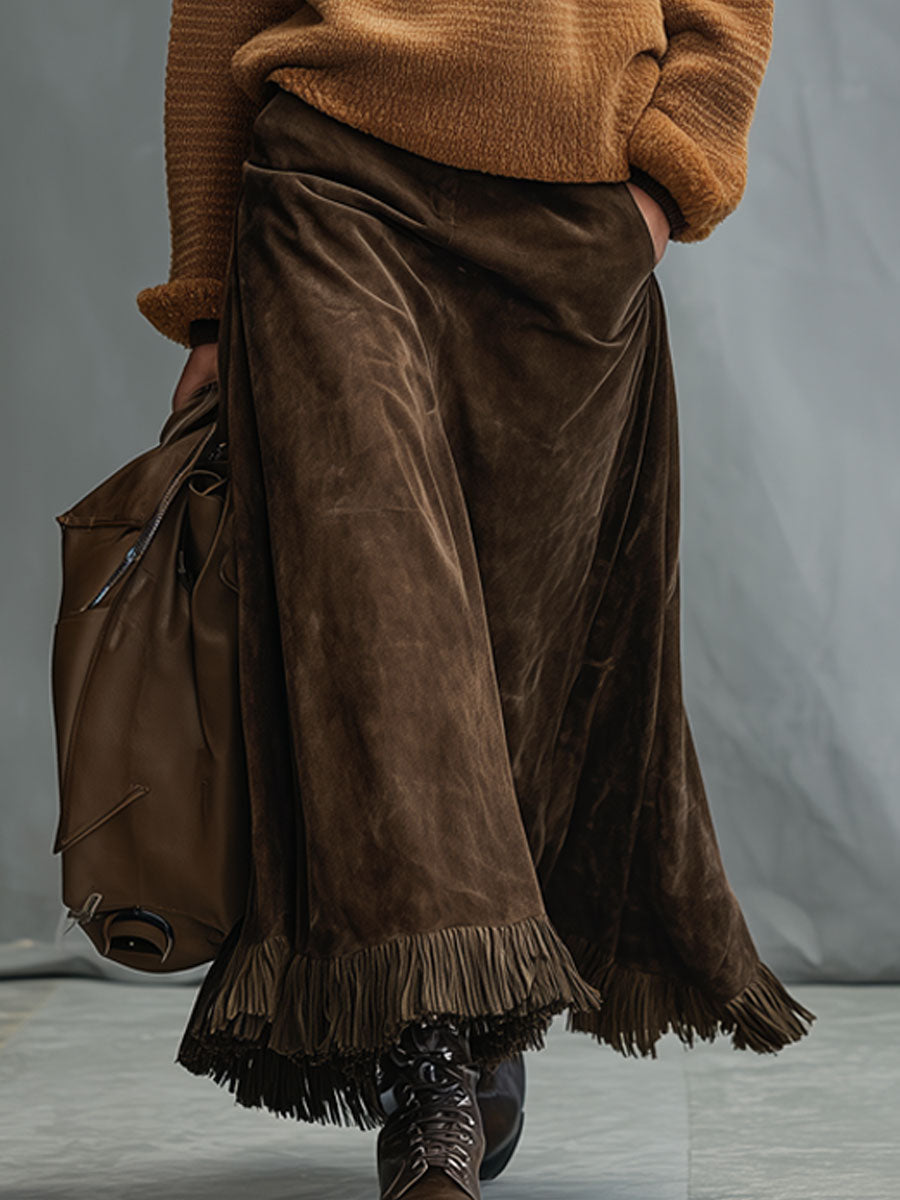 Casual Vintage Cocoa Brown Faux Suede Tassel Skirt
