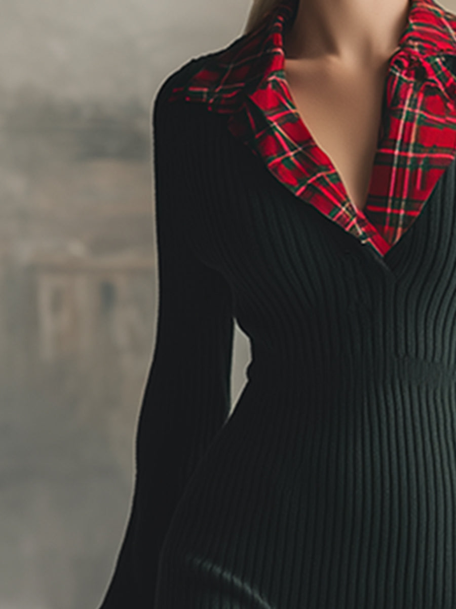 Classic Christmas Green Contrast Plaid Trim Knit Maxi Dress