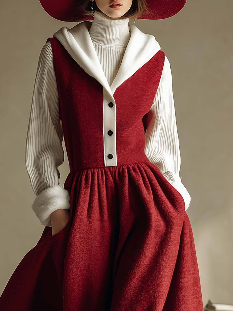 Christmas Limited Edition Retro Hooded V-neck Front Button Red Wool Vest Style Bubble Hem Maxi Dress